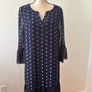 Crown & Ivy Navy 3/4 Sleeve Dress with gold Dots